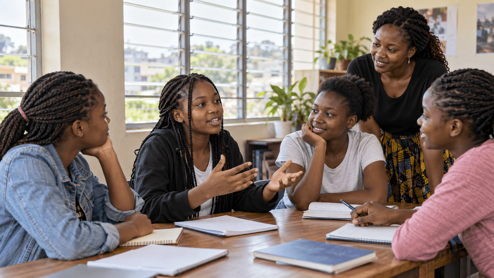 Conceptual scene of Black Kenyan girls sharing ideas in a group discussion.