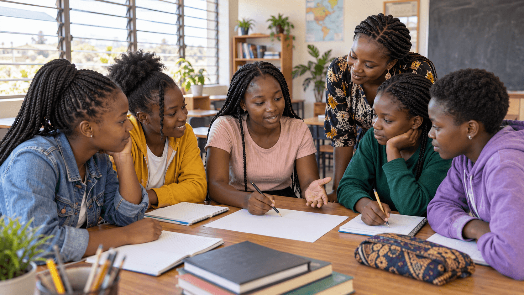 Conceptual scene of Black Kenyan girls studying together with a mentor.